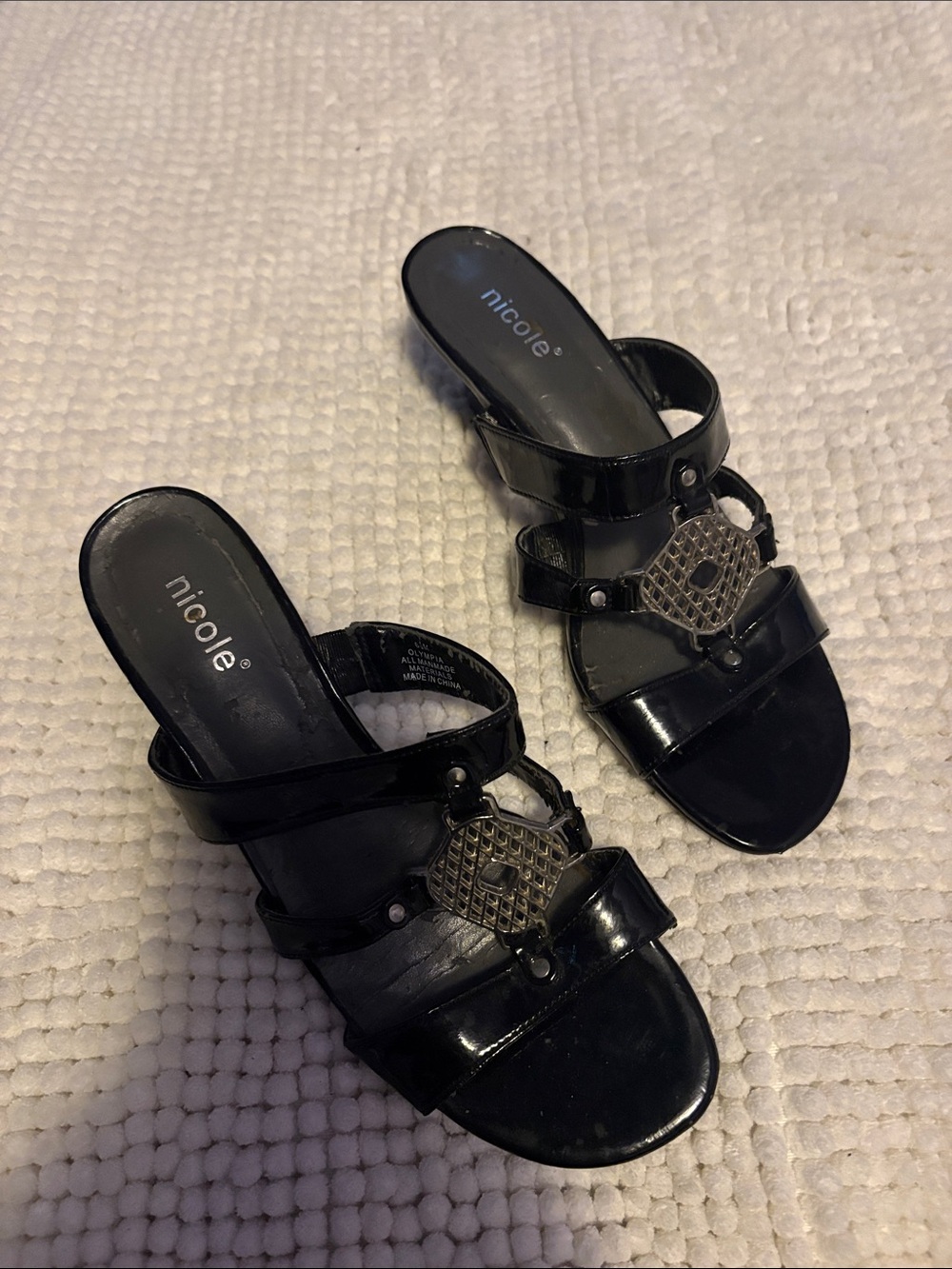 Nicole Black Patent Leather Slide Mules with Decorative Medallion